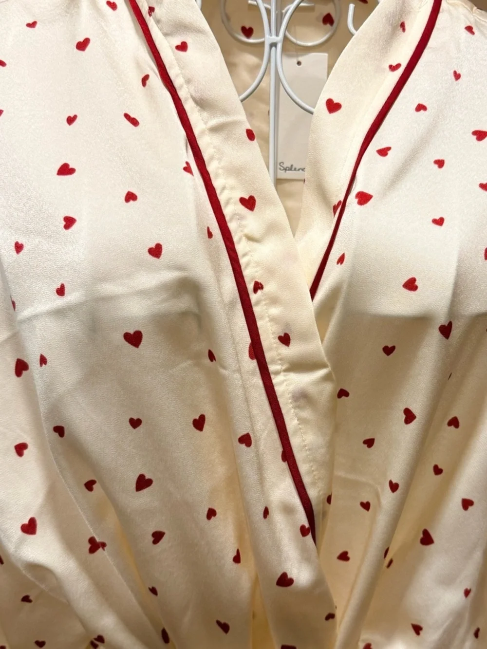 Splendid NWT Satin Kimono Robe Heart Print Ivory Cream Red Hearts S/M